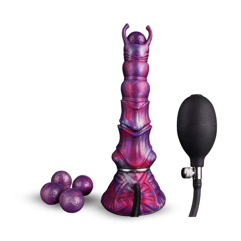 Alien-inspired ovipositor dildo with 4 oggs and a pump on transparent background