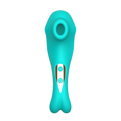 Turquoise handheld clit sucking vibrator on a white background