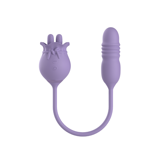 Purple silicone dual vibrator with a flexible cord on a white background