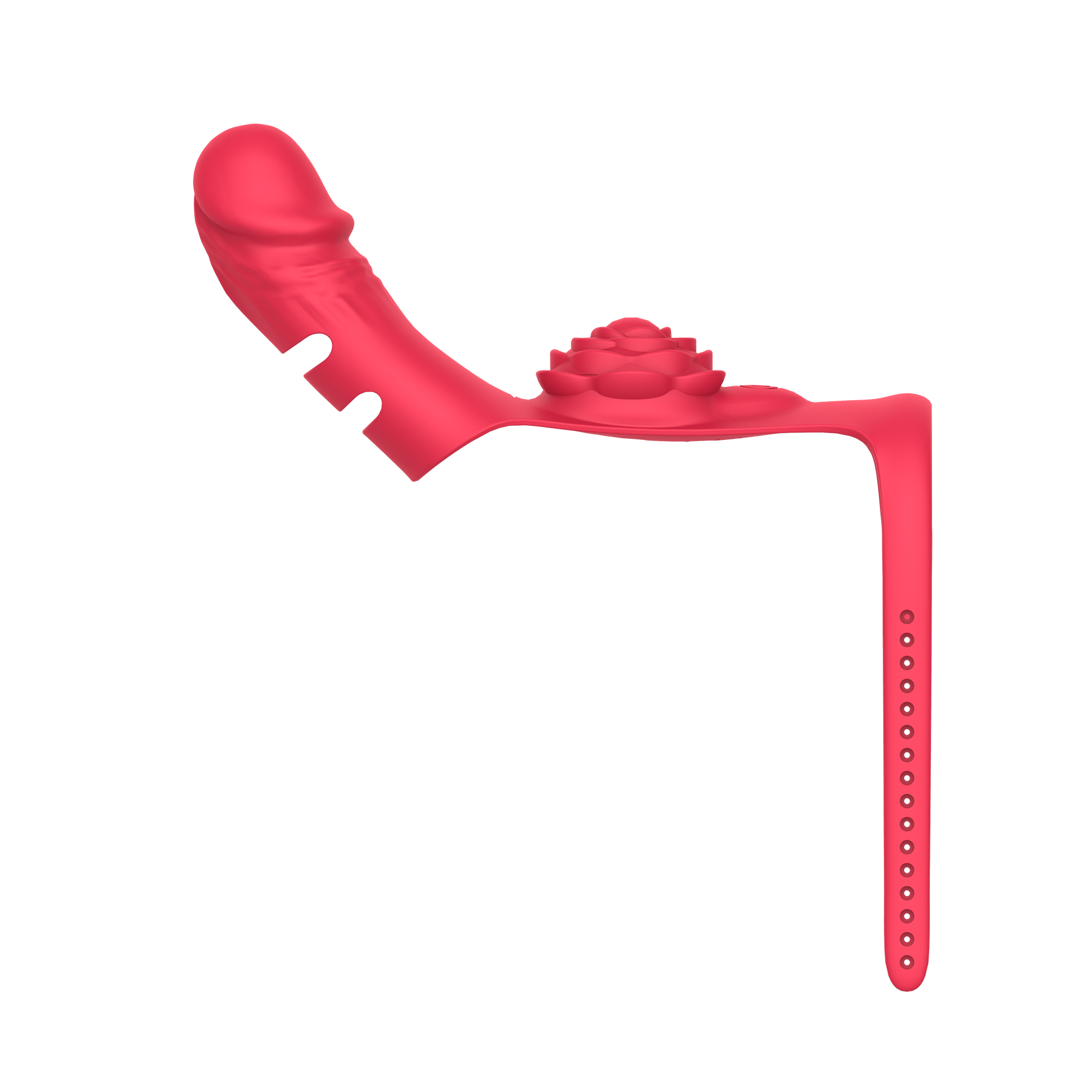 Red silicone wearable finger vibrator with rose design on a white background