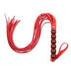 Red leather whip with glossy beaded handle on a white background