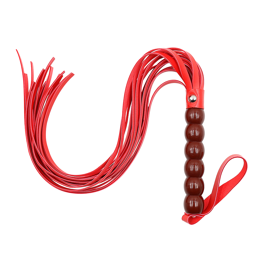 Red leather whip with glossy beaded handle on a white background