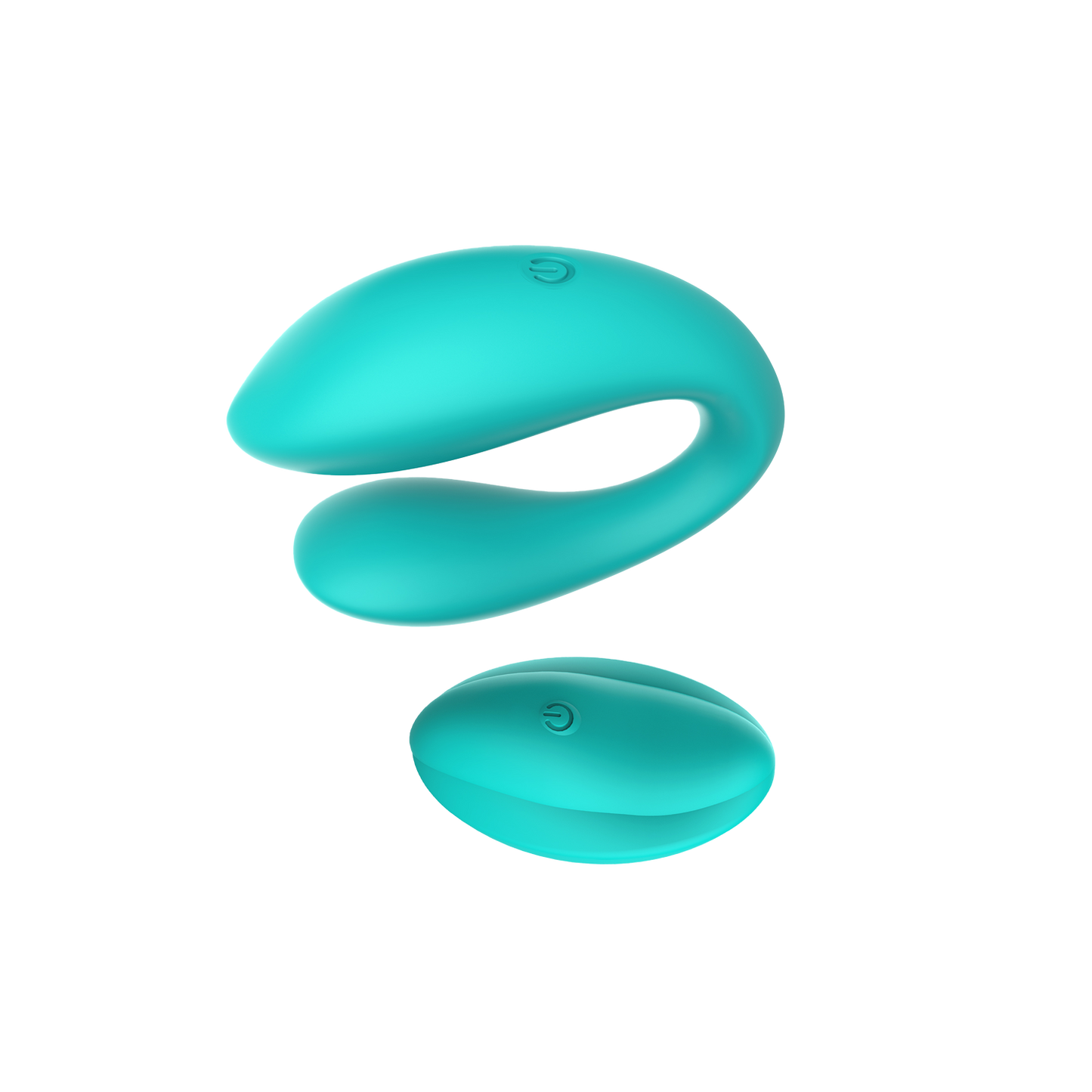 Turquoise silicone U-shaped couple's vibrator with a remote control on a white background