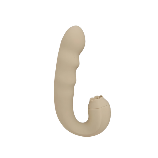 Beige dual vibrator with curved design on a transparent background